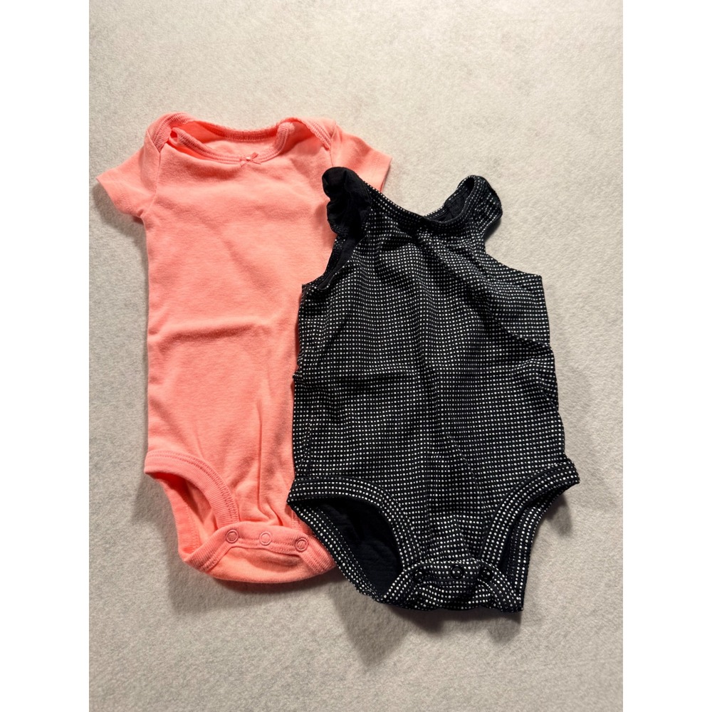 Carters Baby Girls 6 Months Bodysuit Set 2 Pack Coral Pink Navy Polka Dot Bow